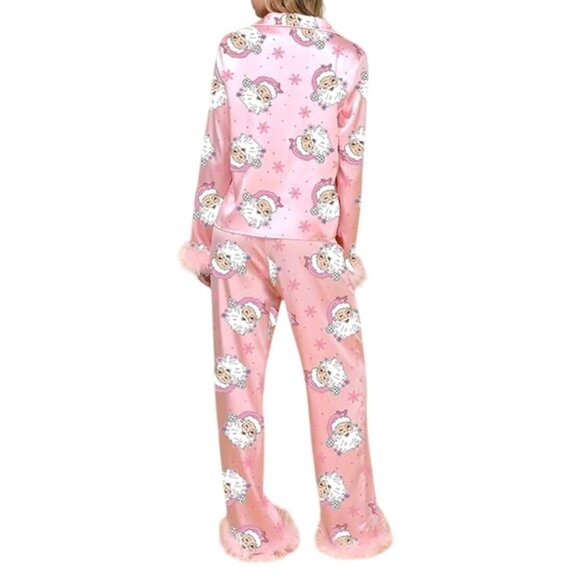 Holiday Christmas Santa Print Satin Pajama Set Small Pink Feathered Hem Lounge - Picture 3 of 3